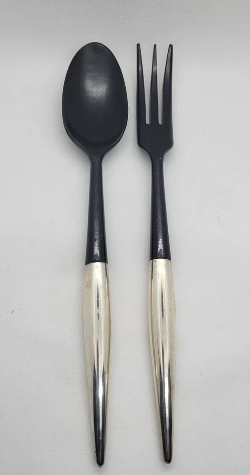 Mid Century Modern Salad Serving Fork and Spoon, Wooden & Sterling Silver France - Image 1 of 4