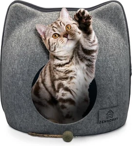 Luxuriöses graues Woll-Katzenhöhlenbett - gemütlich überdachtes Versteck & Eigentumswohnung für Katzen im Innenbereich - Bild 1 von 8