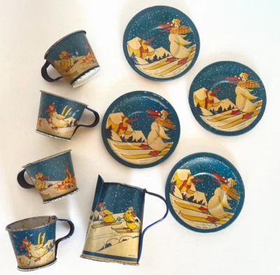 JOUET ANCIEN - DINETTE EN TOLE LITHOGRAPHIEE CANARDS INSPIRATION BENJAMIN RABIER - Photo 1/4