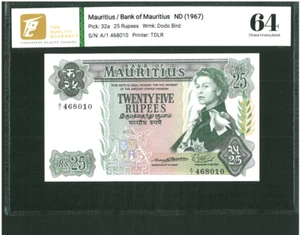 MAURITIUS BANK OF MAURITIUS 25 RUPEES 1967 P32a UNC - Picture 1 of 2
