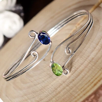 Peridot Cut & Tanzanite Gemstone Bracelet 925 Sterling Silver Cuff Gifted Bangle - Image 1 of 4