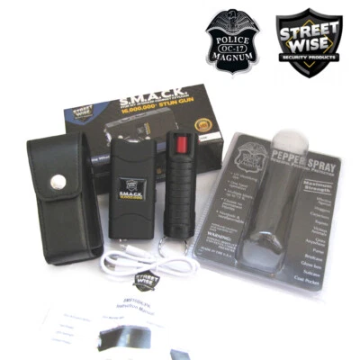 STREETWISE POLICE MAGNUM Mini STUN GUN Flashlight PEPPER SPRAY Combo Set -SMACK 16,000,000 BLK Streetwise