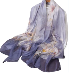 100% Silk Scarf Women neckerchief large Shawl Wrap Floral blue yellow HD118-19 - Picture 1 of 1