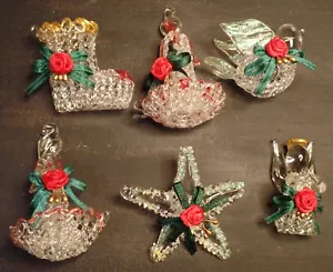 Hand Blown Spun Glass Set Of 6 Assorted Mini Christmas Tree Ornaments Gold Trim - Picture 1 of 11