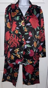 Natori Sz Medium Black Red Floral Satin L/S Pajamas Pajama Set EUC - Picture 1 of 14