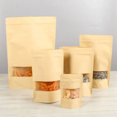 Bolsas de papel Kraft de pie bolsa de comida resellable regalo con ventana transparente Foto 1 de 4