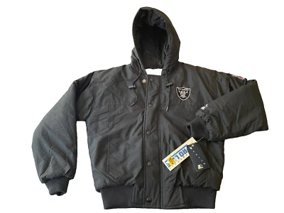 CHAQUETA PARKA DE LOS OAKLAND RAIDERS DE LA DÉCADA DE 1990 JUVENIL ESPALDA MEDIA DELETREADA STOCK MUERTO Foto 1 de 4