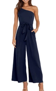 NEW 1 Shoulder Tie Waist Wide Leg Jumpsuit Romper Pockets XL - Picture 1 of 7