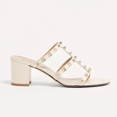 SANDALIA VALENTINO GARABANI ROCKSTUD ENJAULADA MARFIL PIEL DE BECERRO CUERO BLOQUE TACÓN TALLA 39 Foto 1 de 4