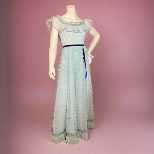 VINTAGE 70s Nadine Tiered Chiffon Maxi Dress Size 7 Sky Blue Ruffle Prairie Gown - Picture 1 of 6