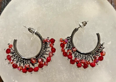 Half Hoop Silver Tone Earrings with Red Beads Boho - Image 1 of 4