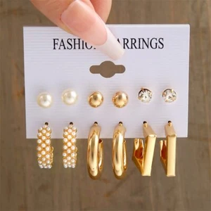 Women's Fashion Jewelry Gold Geometric Hoop Stud Earrings Set 1-38-7 - Picture 1 of 1