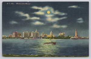 Miami Florida FL - Moon on Cloudy Night View from Ocean 1955 Linen Postcard - Picture 1 of 2