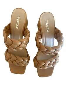 Soda Shoes Women Block Heel Sandals Double Braided Strap, Size 7.5 Camel Color - Picture 1 of 4