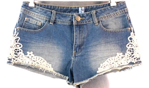 Crochet Denim Shorts Hot Pants Womens Teens Girls Festival Size UK 12 Petite - Picture 1 of 18