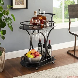 Industrial Serving Cart with Wine Rack 2-Shelf Mobile Bar Table for KitchenParty - Picture 1 of 7