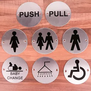 ROUND SILVER DOOR SIGNS Pub Shop Salon Office Business Bathroom/Toilet/WC Sign - Picture 1 of 9