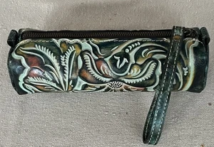 Patricia Nash HTF Turquoise Teal Green Tooled Small Duffle Style Oblong Wristlet - Picture 1 of 11