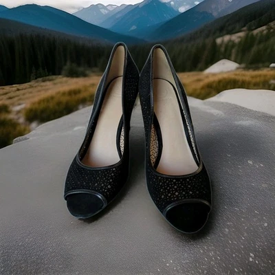 Zapatos de tacón Tory Burch Wms talla 11 Elinor corte láser peep-toe NEGROS de gamuza  Foto 1 de 4