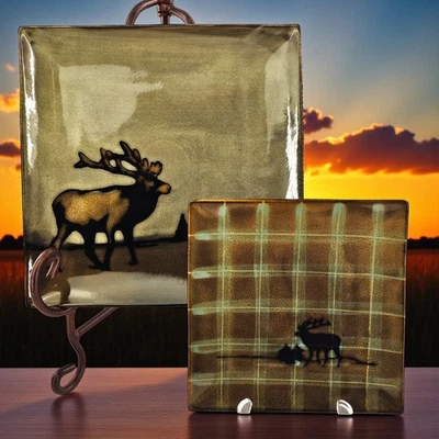 Stoneware Roaming Elk Square Dinner & Salad Plate Set Plaid Rustic Cabin Lodge - Image 1 of 4