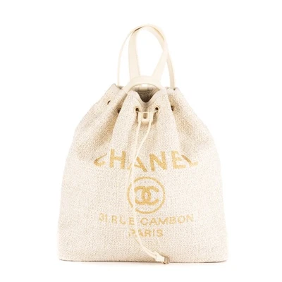 Chanel Beige/Dorado Deauville Cordón Cubo Mochila Mochila Lona Rafia Foto 1 de 4