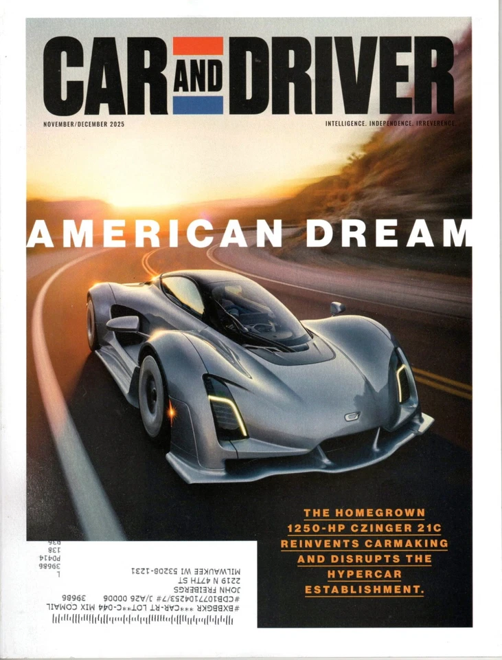 Car and Driver Nov/Dec 2025 Czinger 21C, Mustang GTD vs 911 GT3 RS, Celestiq Foto 1 de 1