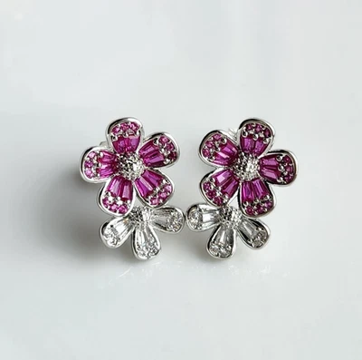 925 Sterling Silver Ruby Sapphire Double-Flower 5/8'' Earrings Gemstone - Image 1 of 2