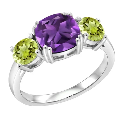 925 Sterlingsilber 3,10 Ct Natürlicher Amethyst Und Peridot Drei-Stein Damenring - Bild 1 von 4