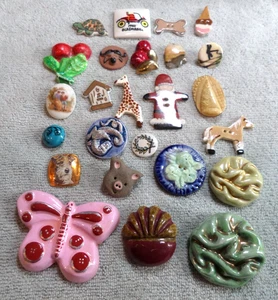 25 Vintage Artisan Ceramic Picture Buttons VARIOUS SHAPES SIZES COLORS OBJECTS - Picture 1 of 14