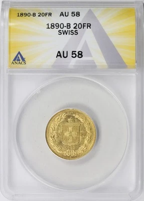 1890-B Switzerland Gold 20 Francs ANACS AU58 - Image 1 of 4