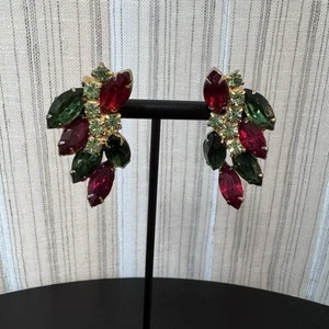 Vintage rot & grün Strass goldfarben Kletterer Statement Clip-On Ohrringe Urlaub - Bild 1 von 6