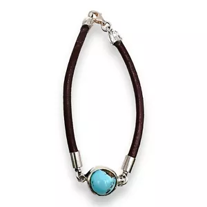 Persian Blue Turquoise Round Silver Pendant on Leather Bracelet 6.5" - Picture 1 of 10