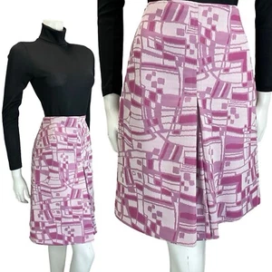 VTG 60S 70S PINK ABSTRACT GEOMETRIC FORNT PLEAT PREPPY MIDI SKIRT 8 - Picture 1 of 9