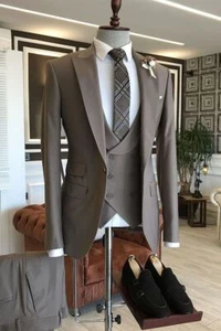 Men's Suit Peak Lapel Formal Business Party Prom Groom Tuxedo Wedding 3 Piece - Picture 1 of 8