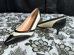 J. Crew Ivory Black Gatsby Leather Wingtip Kitten Heels - 8.5 - Picture 1 of 9