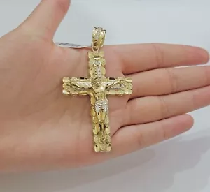 Real 14kt Gold Cross Charm Pendant Jesus Crucifix 3" Yellow Gold For Men's Chain - Picture 1 of 7