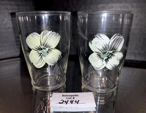 2 Hand Painted Clear Floral Juice Glasses Vintage - Picture 1 of 6