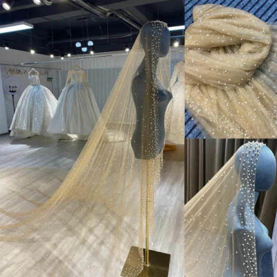 Wedding Bridal Veil Champagne Cathedral Length Lace Pearl Edge Without Comb - Image 1 of 4