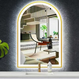 Arched LED Bathroom Mirror Anti-fog 3 Colors Dimmable Lights w/ Wow Gold Frame - Picture 1 of 13