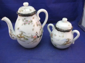 SMALL ANTIQUE TEA POT AND SUGAR BOWL - FLORAL AND SCENIC DESIGN MARK BUT NO NAME - Picture 1 of 10