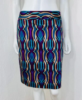 Falda lápiz Etcetera verde azulado púrpura satén geométrico hasta la rodilla talla 2 usada en excelente estado Foto 1 de 4