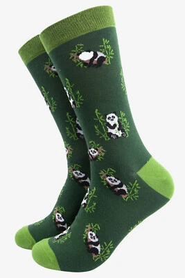 SOCK TALK ADORABLE PANDA BEARS EATING BAMBOO GREEN MENS PAIR OF NOVELTY SOCKS