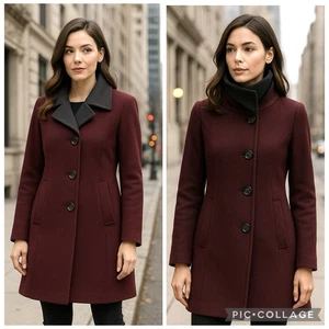 DKNY burgunderroter Damenmantel Wollmischung kleiner wandelbarer Kragen F17 formell elegant - Bild 1 von 12