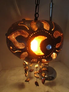 Vintage Folk Art Gourd Swag Lamp carved Celestial Cut-Outs Glass Marbles 14” T - Picture 1 of 23