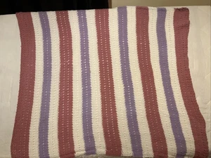 Vintage Handmade Crochet Afghan Throw Mauve Cream And White Strip 44x44” - Picture 1 of 3