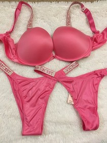 VICTORIA'S SECRET SHINE STRAP PADDED Bra Thong & Brazilian Set 36D/M Rose Garden