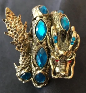 Antique brass toned Snake Cuff Wrap Bracelet turquoise rhinestones red eyes - Picture 1 of 8