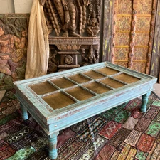 Rustic Blue Chai Table Reclaimed Old Door Wood Vintage Distressed Coffee Table