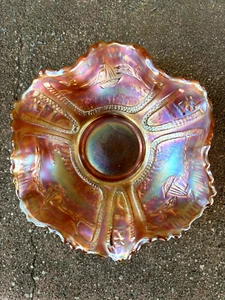 Vintage Fenton Carnival Glass Marigold Sailboats 6" Bowl Beautiful Colors - Picture 1 of 12