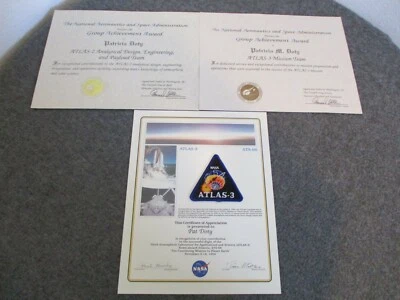 1994-96 NASA MSFC ATLAS-3 STS-66 FLOWN PATCH ATLANTIS CERTIFICATE +ATLAS-2 AWARD - Image 1 of 4